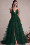 Black A Line Tulle Spaghetti Straps Long Evening Dress with Slit