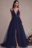 Black A Line Tulle Spaghetti Straps Long Evening Dress with Slit