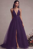 Black A Line Tulle Spaghetti Straps Long Evening Dress with Slit