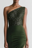 Sparkly Olive Satin One Shoulder Mermaid Long Evening Dress with Slit