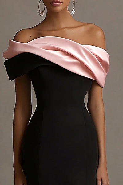 Zapaka Women Black and Pink Long Evening Dress Sheath Satin Off the