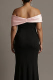 Black and Pink Mermaid Off The Shoulder Satin Long Plus Size Evening Dress