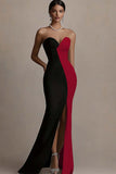 Black and White Sheath Satin Strapless Long Evening Dress with Slit