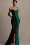 Black and White Sheath Satin Strapless Long Evening Dress with Slit