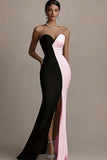 Black and White Sheath Satin Strapless Long Evening Dress with Slit