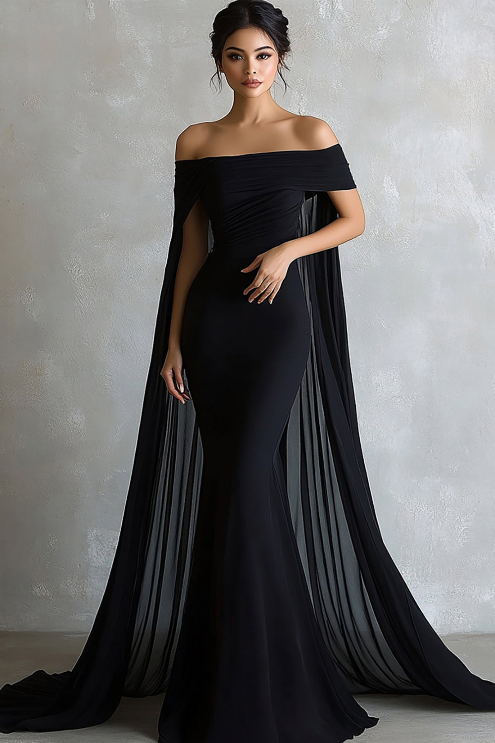 Zapaka Women Black Long Evening Dress with Cape Satin Mermaid Off the Shoulder Formal Dress, Black / US24W Zapaka Women Black Long Evening Dress with Cape Satin Mermaid Off the Shoulder Formal Dress, Black / US24W