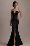 Strapless Black And White Mermaid Evening Dress with Slit