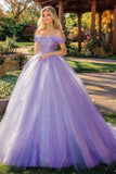 Sparkly Lilac Ball Gown Off the Shoulder Tulle Long Quinceanera Dress with Sequins