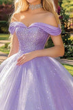 Sparkly Lilac Ball Gown Off the Shoulder Tulle Long Quinceanera Dress with Sequins