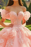 Pink Tulle Ball Gown Princess Long Quinceanera Dress with Ruffles