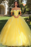 Yellow Tulle Ball Gown Off the Shoulder Long Quinceanera Dress with Lace