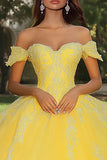 Yellow Tulle Ball Gown Off the Shoulder Long Quinceanera Dress with Lace