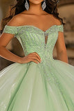 Glitter Light Tulle Green Ball Gown Long Quinceanera Dress with Appliques