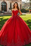 Glitter Red Ball Gown Sweetheart Princess Long Quinceanera Dress