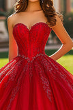 Glitter Red Ball Gown Sweetheart Princess Long Quinceanera Dress