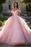 Pink Off the Shoulder Tulle Ball Gown Long Quinceanera Dress with Lace