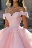 Pink Off the Shoulder Tulle Ball Gown Long Quinceanera Dress with Lace