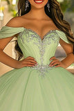 Glitter Light Green Ball Gown Long Tulle Quinceanera Dress with Appliques