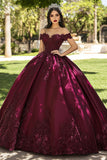 Burgundy Off the Shoulder Ball Gown Long Quinceanera Dress with Lace