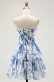 Strapless White Blue Flower Corset A-Line Tiered Ruffle Homecoming Dress