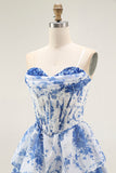 Strapless White Blue Flower Corset A-Line Tiered Ruffle Homecoming Dress