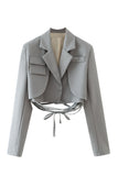 Hot Pink Notched Lapel Tie Cropped Women's Blazer