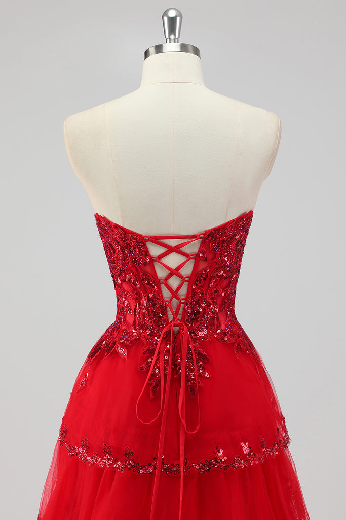 Zapaka Women Sparkly Dark Red Prom Dress with Slit A Line Strapless