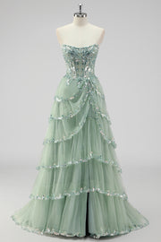 Sparkly Sage Green A Line Sequins Corset Tiered Long Prom Dress with Slit