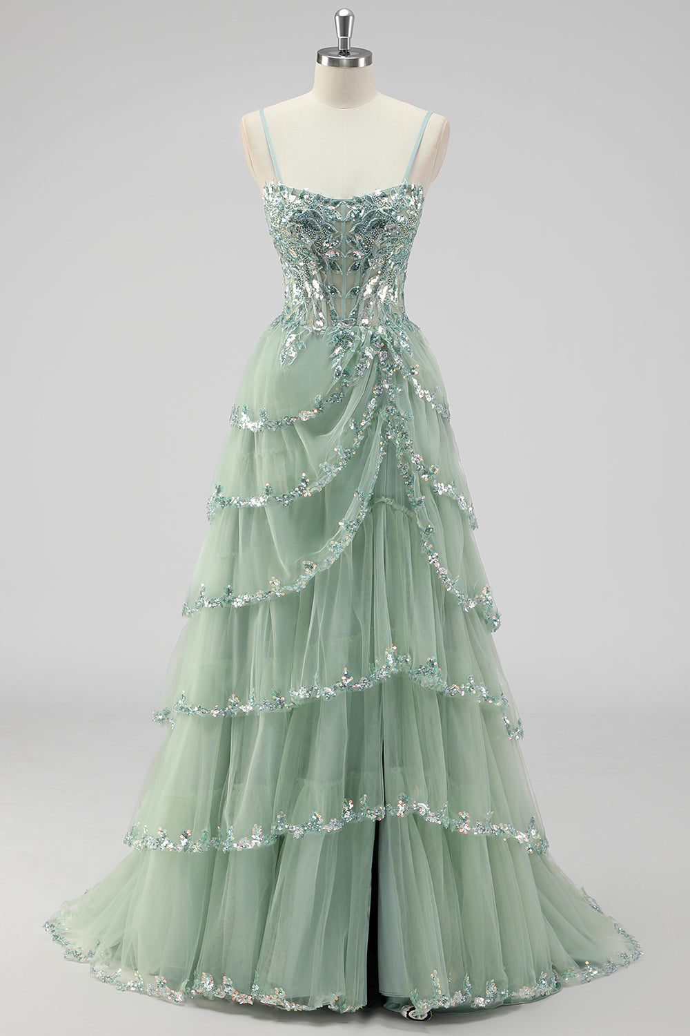 Zapaka Women Sparkly Sage Green Sequins Prom Dress with Slit A Line Spaghetti Straps Corset Tiered Evening Dress, Lavender / US10 Zapaka Women Sparkly Sage Green Sequins Prom Dress with Slit A Line Spaghetti Straps Corset Tiered Evening Dress, Lavender / US10