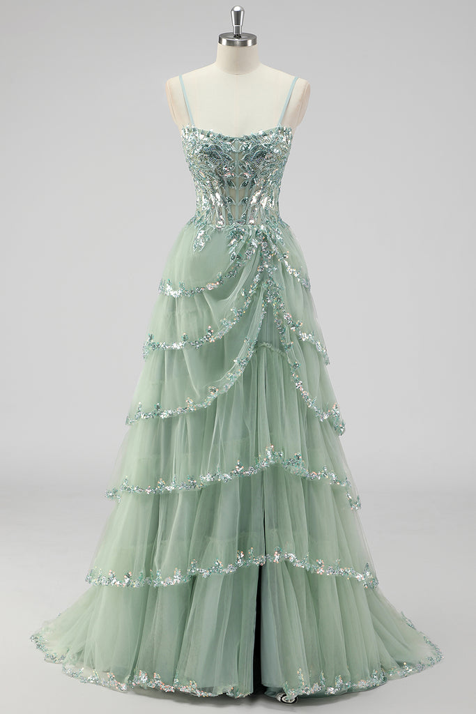 Sage A Line Prom Dress with Spaghetti-Straps and Belt