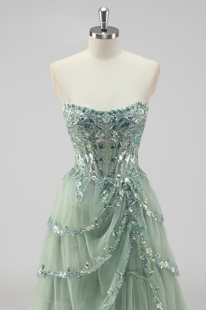 Sparkly Light Green A Line Spaghetti Straps Corset Tulle Prom Dress with Slit