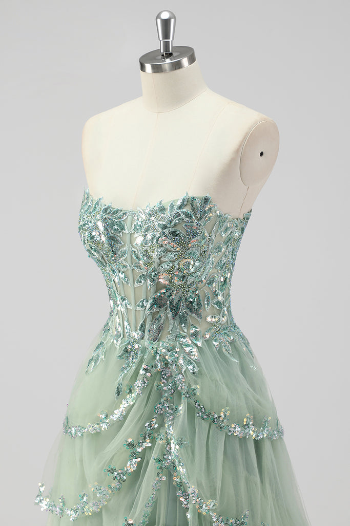 Zora | Green off-shoudle tube top ribbon spliced satin evening dress main image 0