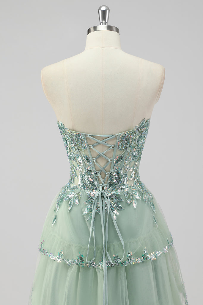 Sparkly Green A Line Strapless Sequins Corset Tulle Long Ball Dress With Slit
