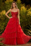 Sparkly Dark Red A Line Strapless Sequins Tiered Corset Prom Dress with Slit