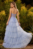 Lavender A Line Strapless Sequins Corset Tiered Prom Dress with Slit