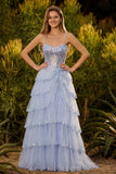 Lavender A Line Strapless Sequins Corset Tiered Prom Dress with Slit