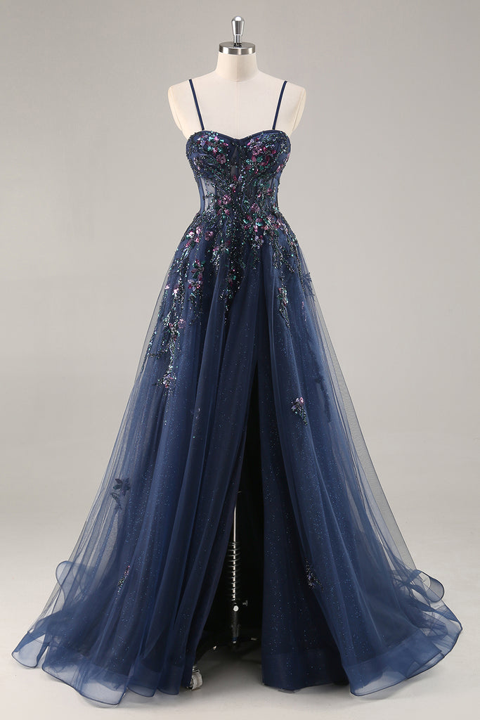 Zapaka Women Navy Strapless Long Prom Dress With Slit A Line Sequins ...