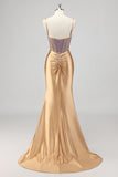 Mermaid Corset Gold Beaded Prom Dress with Slit