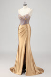 Mermaid Corset Gold Beaded Prom Dress with Slit