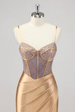 Mermaid Corset Gold Beaded Prom Dress with Slit