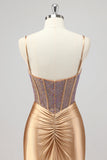 Mermaid Corset Gold Beaded Prom Dress with Slit