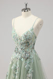 Green Sequin A Line Appliqued Prom Dress with Slit