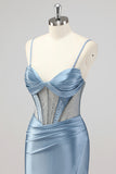 Mermaid Grey Blue Corset Beaded Prom Dress with Slit