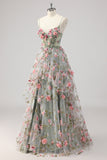 A Line Grey Green Beaded Corset Long Prom Dress with 3D Flowers