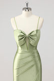 Green Mermaid Beaded Corset Bow Cut Out Satin Prom Dress with Slit