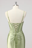Green Mermaid Beaded Corset Bow Cut Out Satin Prom Dress with Slit