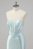 Strapless Mermaid Beaded Blue Prom Dress with Slit