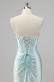 Strapless Mermaid Beaded Blue Prom Dress with Slit