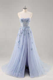 Blue Strapless A Line Sequins Tulle Corset Long Prom Dress With Slit