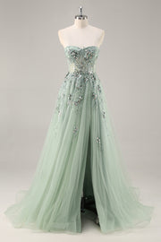 Sparkly Green A Line Strapless Sequins Corset Tulle Long Prom Dress With Slit